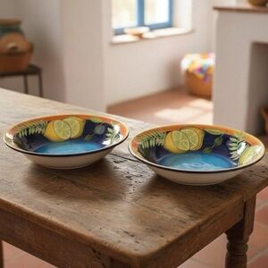 Laurie Gates Gates Ware Pasta Bowls, Set of 2, Lemon Lime Olives Ceramic Dishes